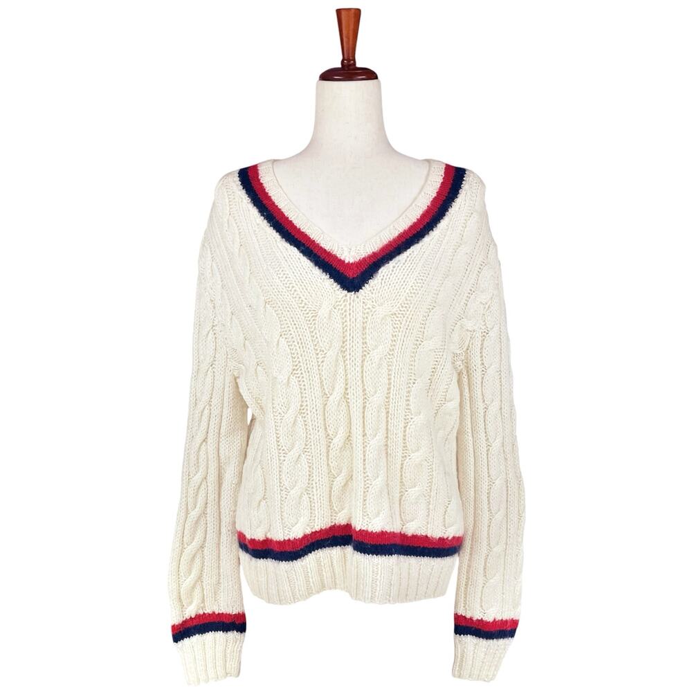 "Made Especially for You By Mom" Wool V-Neck Cable Knit Preppy Nautical Sweater